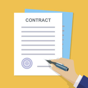 Contract signing. Man signs document stamped handle puts his signature. Contract with Stamp and Signature. Modern concept for web banners, web sites, infographics. Flat style. Vector.